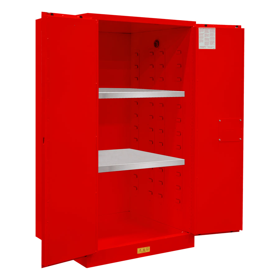 FM Approved, Flammable Storage Cabinet, 60 Gallon, 2 Doors, Manual Close, 2 Shelves, Red
