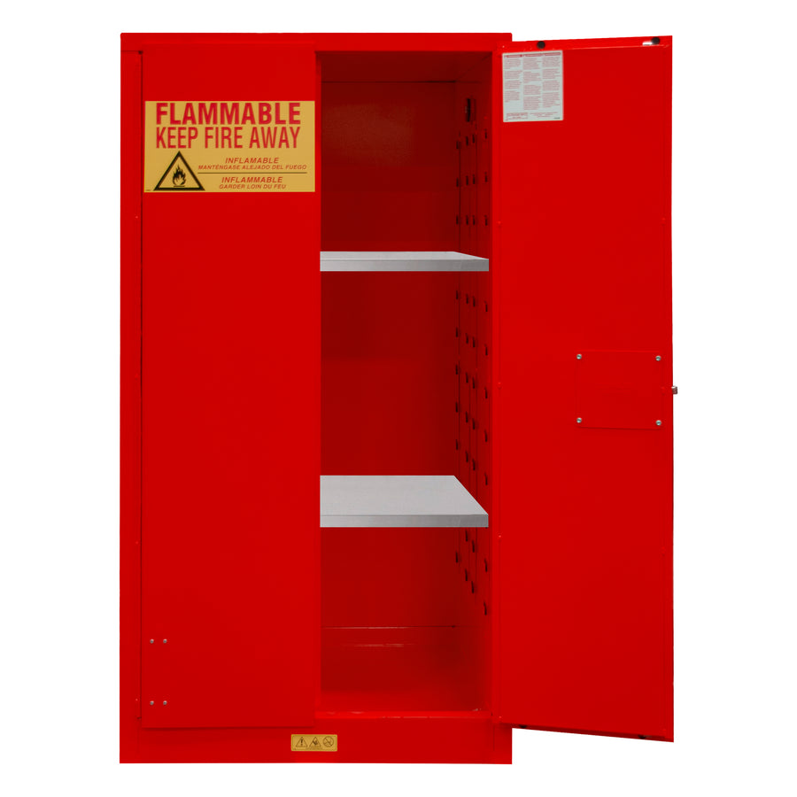 FM Approved, Flammable Storage Cabinet, 60 Gallon, 2 Doors, Manual Close, 2 Shelves, Red