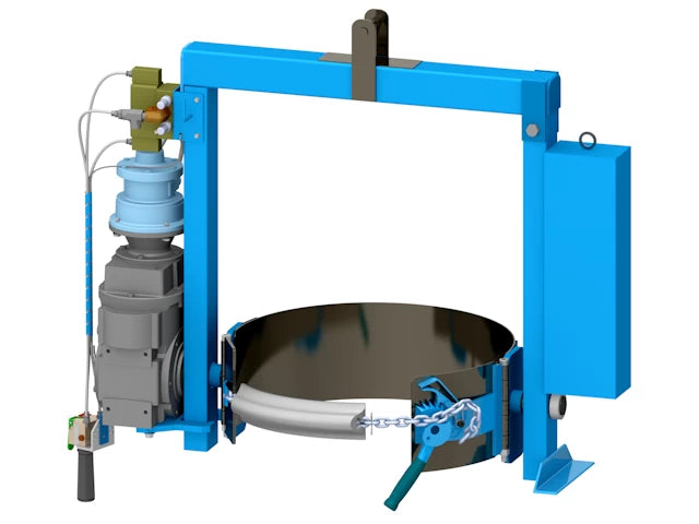Power Tilt Below-Hook Kontrol Karrier with Spark Resistant Parts. Cinch chain to secure steel drum. AIR motor.Ships with load test cert.