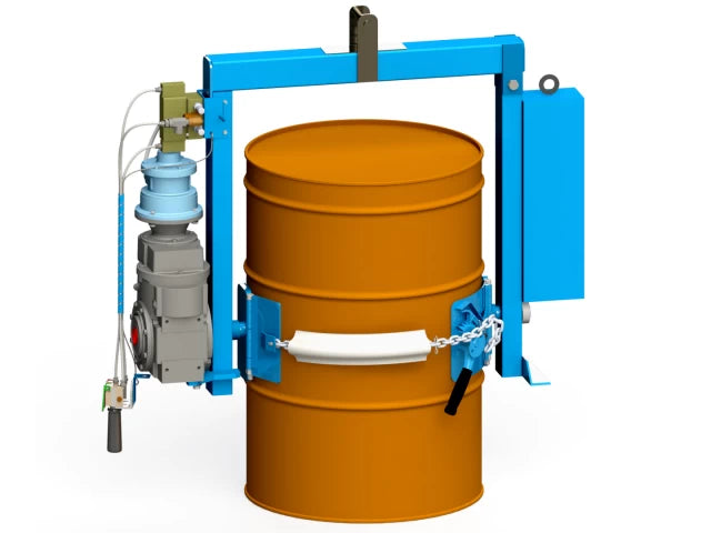 Power Tilt Below-Hook Kontrol Karrier with Spark Resistant Parts. Cinch chain to secure steel drum. AIR motor.Ships with load test cert.