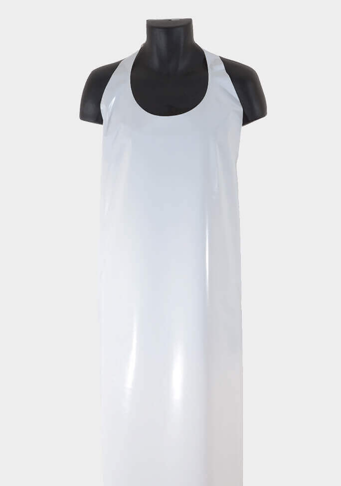 24 White, 50” long die-cut aprons, 5.5 mil