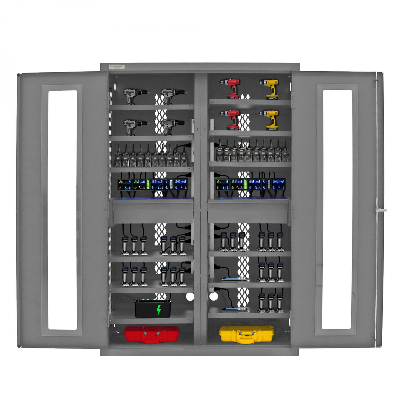 Secure Charging Cabinet, 16 Gauge, 12 Shelves, 2 Drawers, 2 Power Strips, 48 x 24 x 72