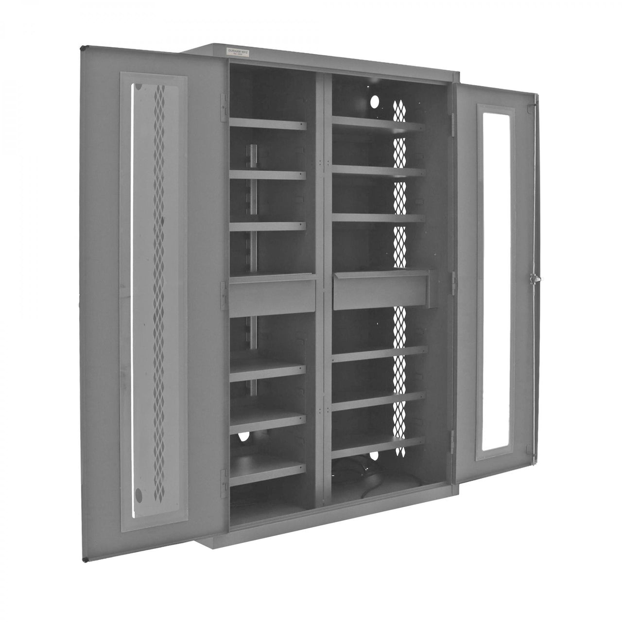 Secure Charging Cabinet, 16 Gauge, 12 Shelves, 2 Drawers, 2 Power Strips, 48 x 24 x 72