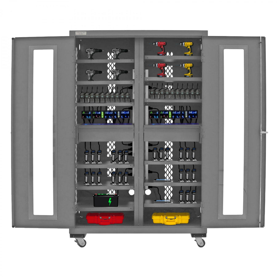 Mobile, Secure, Tool Charging Cabinet, 16 Gauge, 12 Shelves, 2 Drawers, 2 Power Strips, 48 x 24 x 78