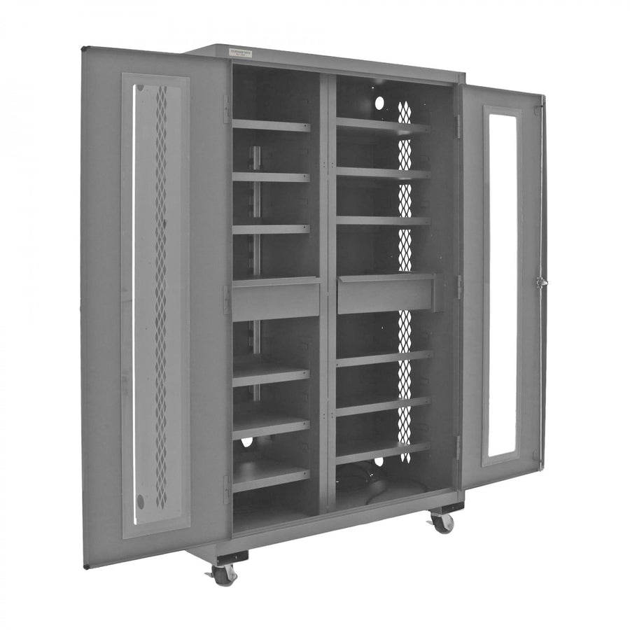 Mobile, Secure, Tool Charging Cabinet, 16 Gauge, 12 Shelves, 2 Drawers, 2 Power Strips, 48 x 24 x 78