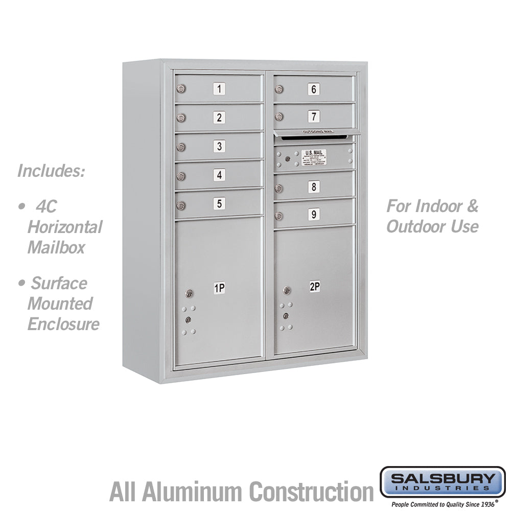 10 Door High Surface Mounted 4C Horizontal Mailbox with 9 Doors and 2 Parcel Lockers in Aluminum with USPS Access