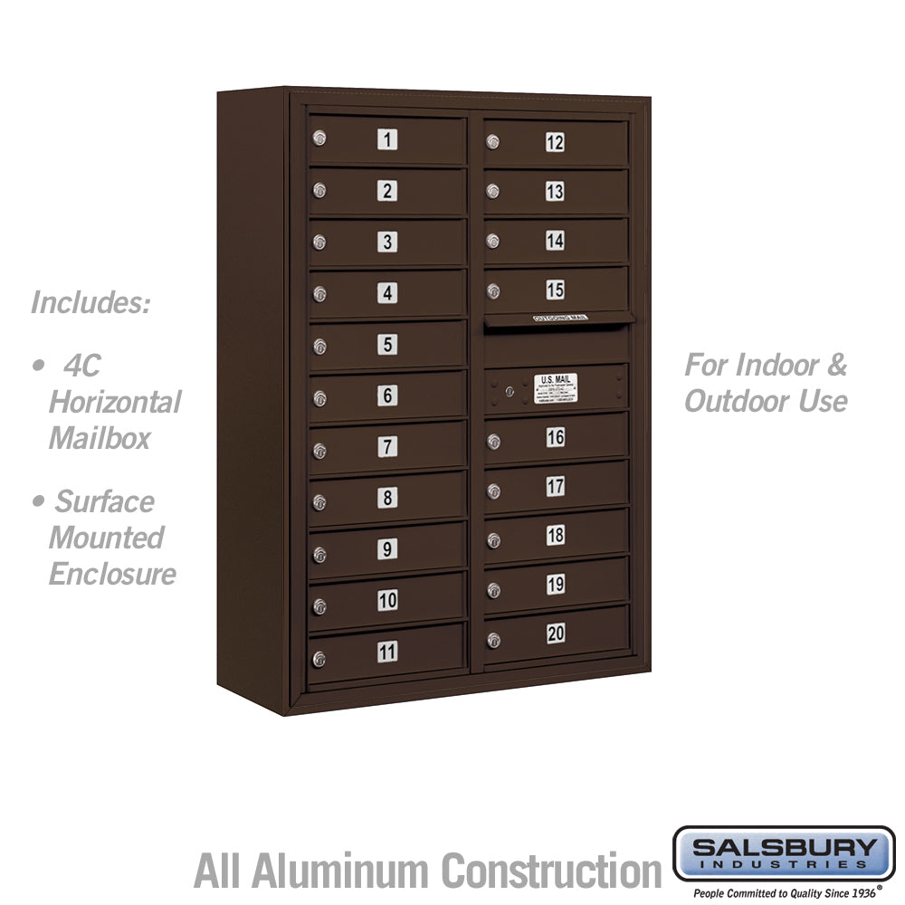 11 Door High Surface Mounted 4C Horizontal Mailbox with 20 Doors in Bronze with USPS Access