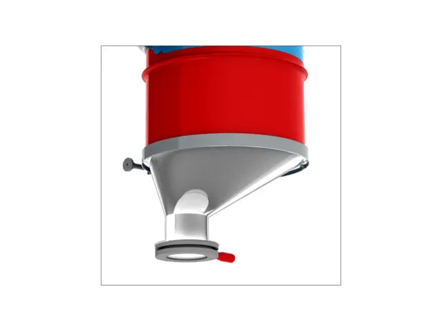 Stainless Steel Asymmetric 90 Degree Drum Cone to control dry material pour. Fits 15-7/8" (40.3 cm) drum rim outside diameter with lid off.