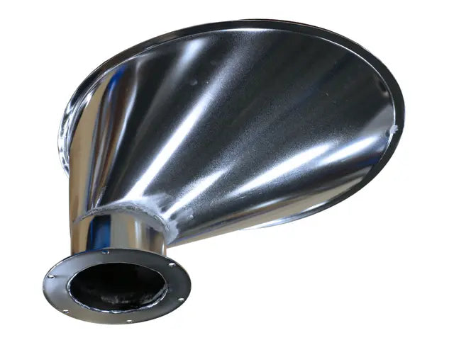 Stainless Steel Asymmetric 90 Degree Drum Cone to control dry material pour. Fits 19-1/8" (48.6 cm) drum rim outside diameter with lid off.
