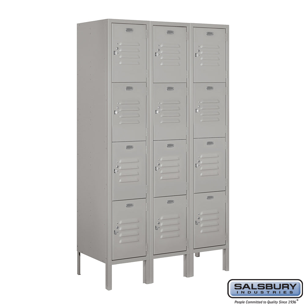 12" Wide Four Tier Standard Metal Locker - 3 Wide - 5 Feet High - 15 Inches Deep - Gray - Assembled
