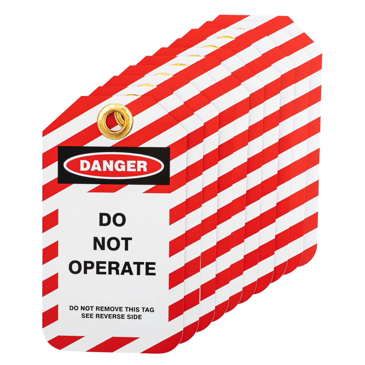 Lockout Tags, Do Not Operate, Plastic w/Brass Grommet - Red-White Striped, 10/Pk
