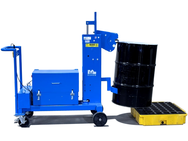 Extended Reach Drum Palletizer for RIMMED drum. Has 12V Battery Power lift to raise drum up to 19" (48.25 cm). 600 Lb. capacity.