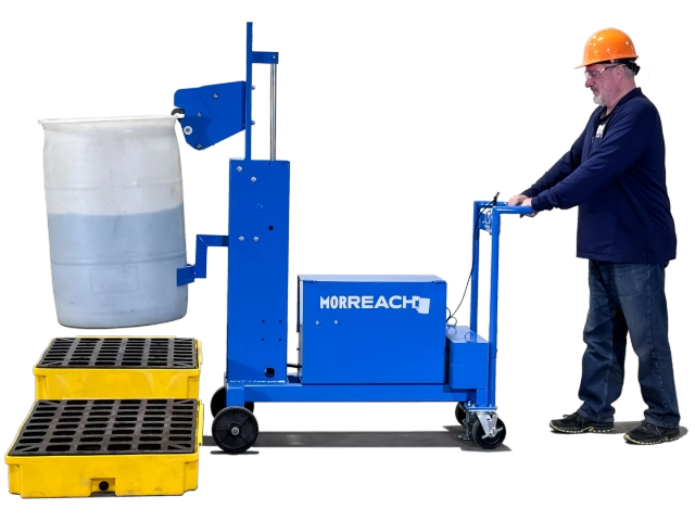 Extended Reach Drum Palletizer for RIMMED drum. Has 12V Battery Power lift to raise drum up to 19" (48.25 cm). 600 Lb. capacity.