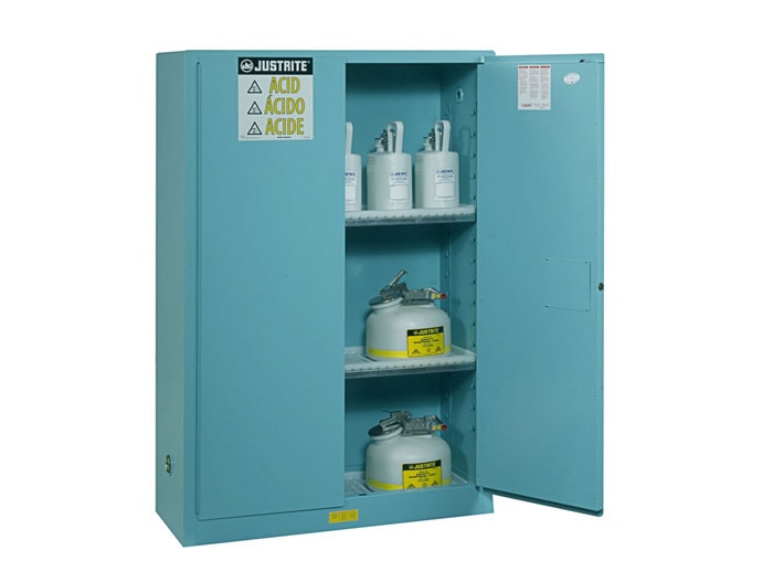 Justrite 45-Gallon, 2 Shelves, 2 Doors, Self Close, Corrosives/Acid Steel Safety Cabinet, Sure-Grip® EX, Blue