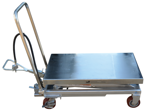 Partially Stainless Steel Air/Hydraulic Scissor Lift Cart 35-1/2 In. x 20 In. Platform With Poly-On-Poly Casters 800 Lb. Capacity Silver