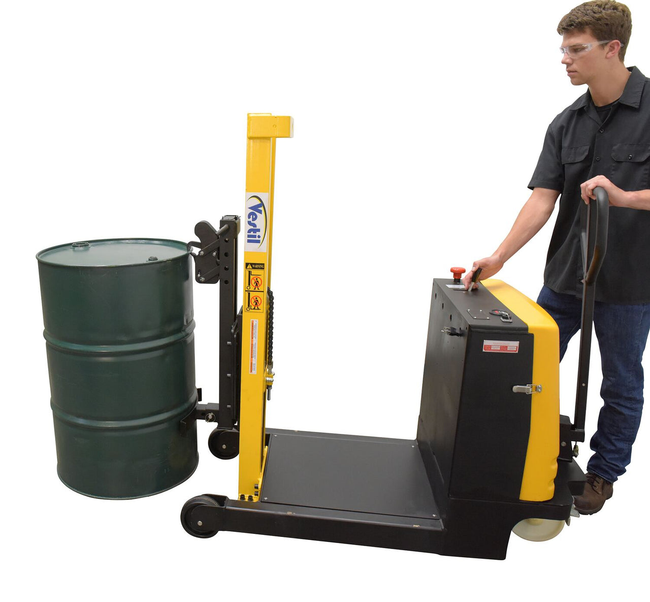 Steel Manual Drive Power Lift Counter Balanc Drum Stacker 12V 52 x 26 In. x 58 In. 700 Lb. Cap Yelw