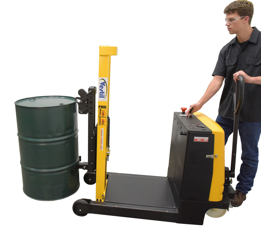 Steel Manual Drive Power Lift Counter Balanc Drum Stacker 12V 52 x 26 In. x 58 In. 700 Lb. Cap Yelw