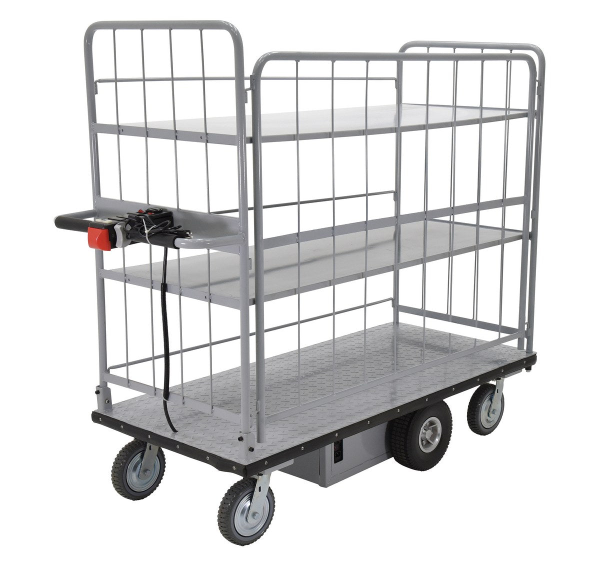Steel Electric Material Handling Cart with Sides 2 Shelves 28 In. x 60 In. 500 Lb. Capacity Gray