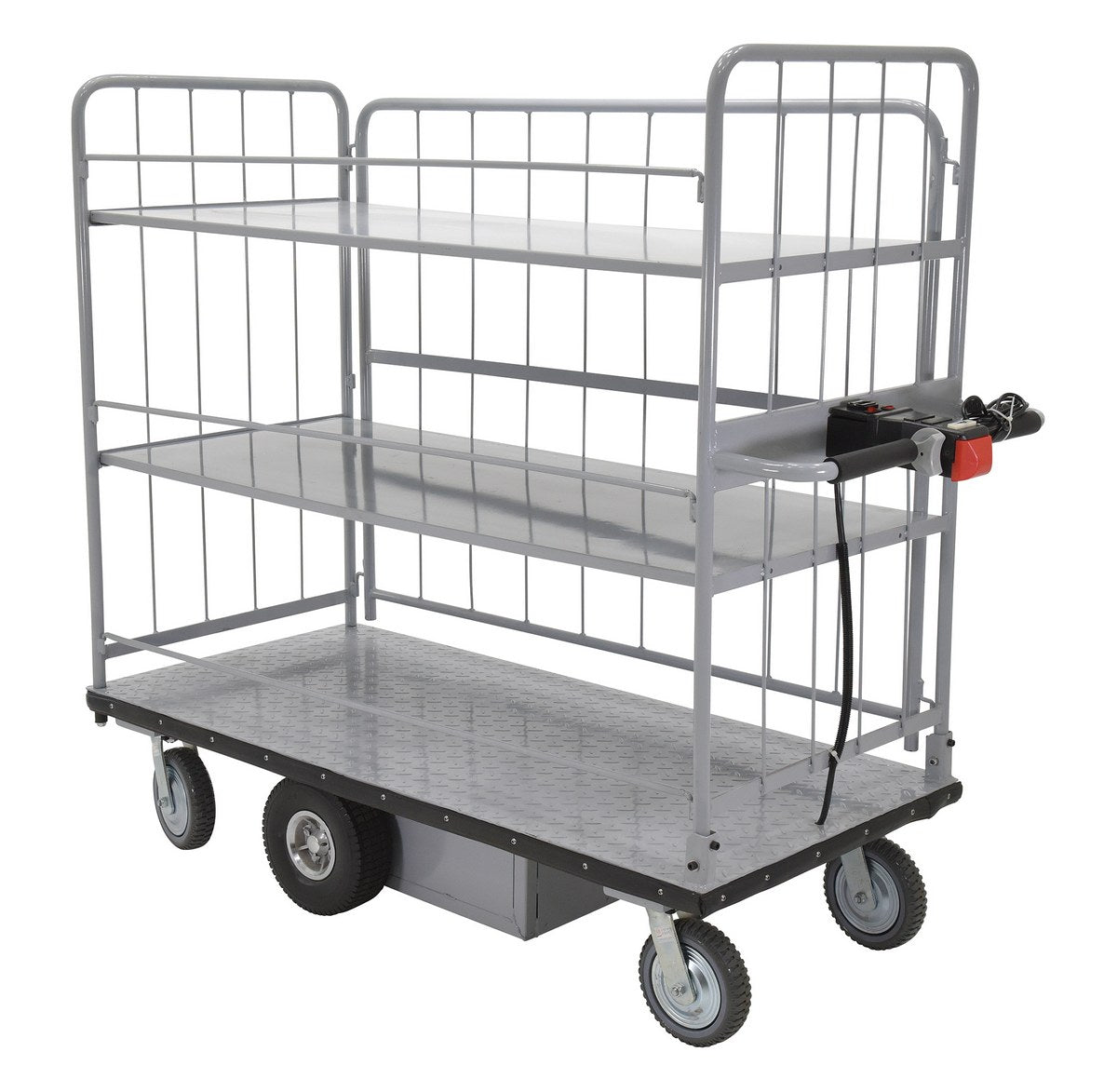 Steel Electric Material Handling Cart with Sides 2 Shelves 28 In. x 60 In. 500 Lb. Capacity Gray