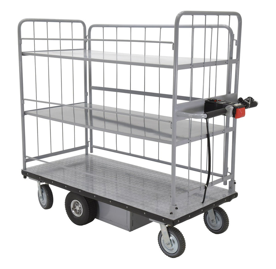 Steel Electric Material Handling Cart with Sides 2 Shelves 28 In. x 60 In. 500 Lb. Capacity Gray