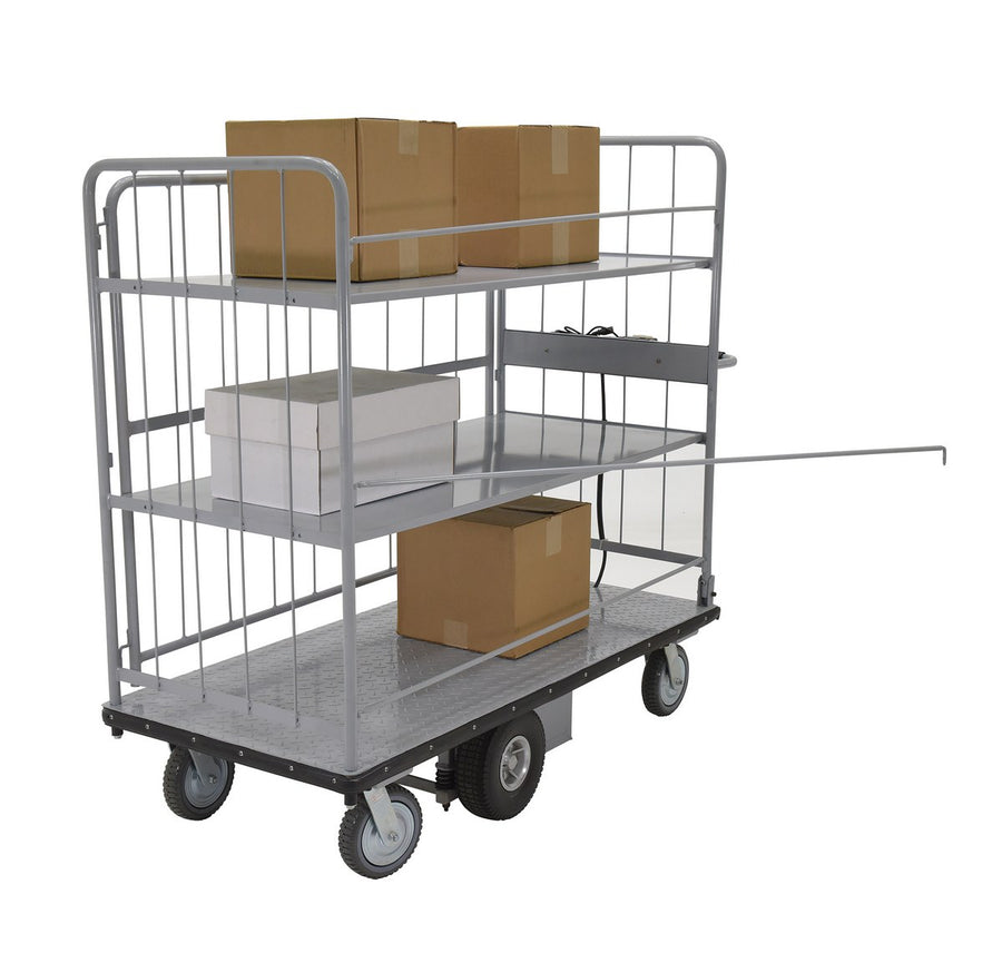 Steel Electric Material Handling Cart with Sides 2 Shelves 28 In. x 60 In. 500 Lb. Capacity Gray