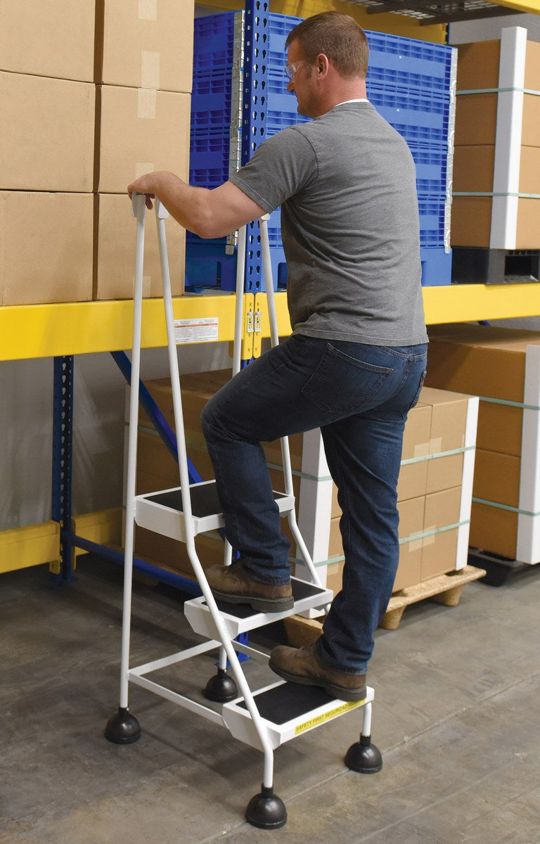 3 Step Commercial Spring Loaded Rolling Ladder - White