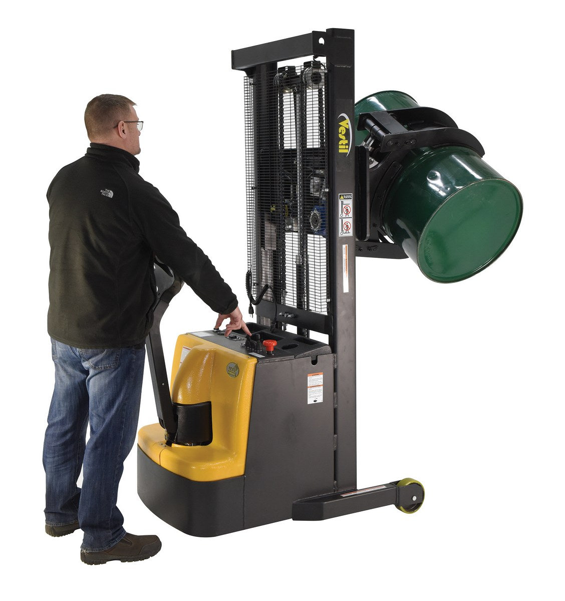 Steel Vertical Drum Gripper/Rotator Stacker 64 In. Dispensing Height 800 Lb. Capacity Black / Yellow