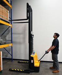 Thumbnail for Steel Adjustable Double Mast Stacker 118 In. Raised Height Variable Speed 2200 Lb. Capacity Black