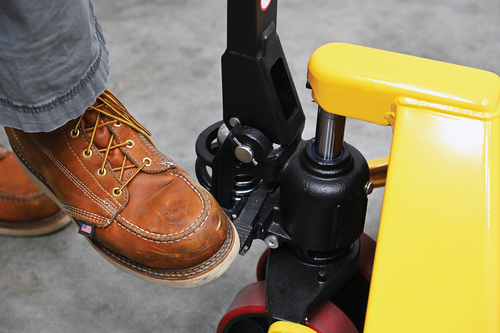 Steel Economy Pallet Truck Hand and Foot Release 62 In. x 29 In. x 48 In. 4,400 Lb. Capacity Yellow