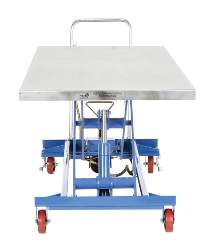 Carbon Steel Air/Hydraulic Light Duty Scissor Lift Cart 63 In. x 31-1/2 In. Platform With Poly-On-Poly Casters 1,000 Lb. Capacity Blue/Silver