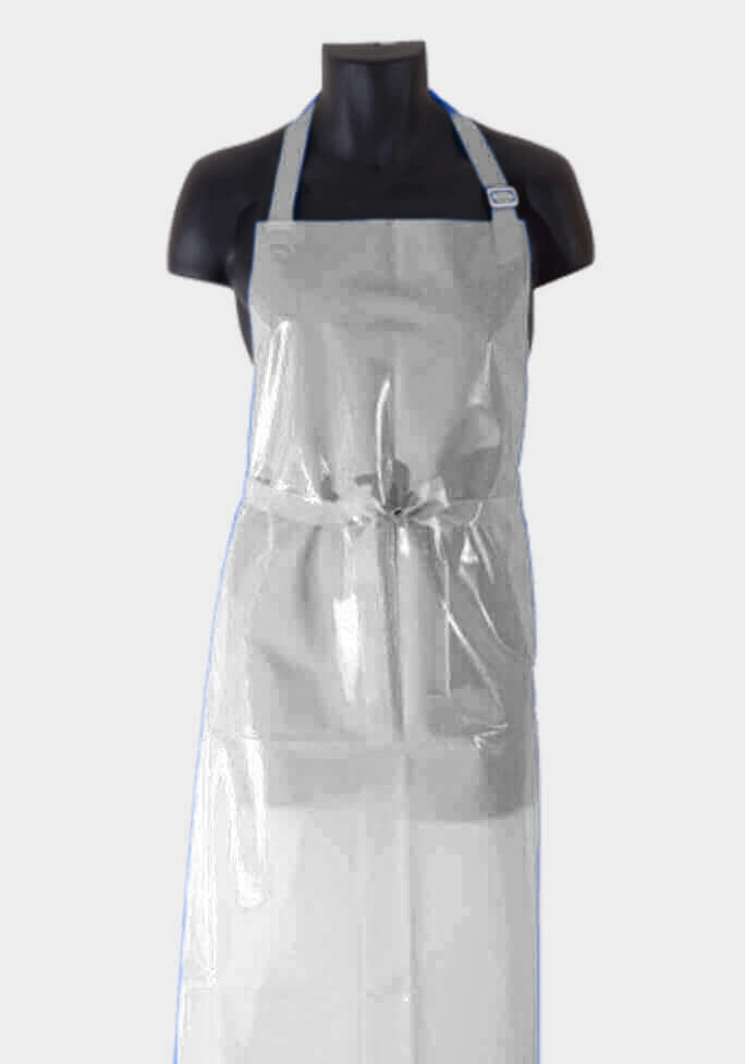 24 White, 50” long adjustable aprons, 8 mil