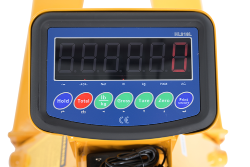 Steel Low Profile Economy Pallet Truck with Scale 67-1/2 In. x 20 In. x 47 In. 5000 Lb. Capacity Yellow