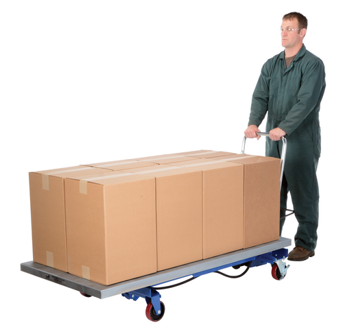 Carbon Steel Air/Hydraulic Light Duty Scissor Lift Cart 63 In. x 31-1/2 In. Platform With Poly-On-Poly Casters 1,000 Lb. Capacity Blue/Silver