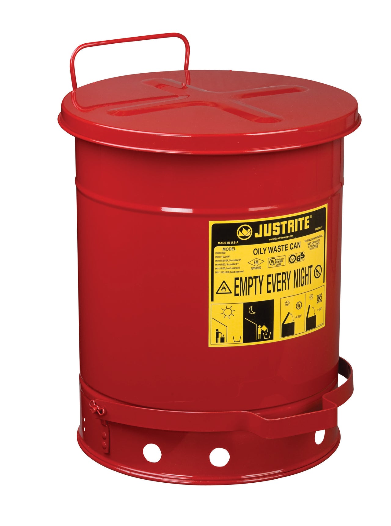 Justrite 10-Gallon Metal Oily Waste Can w/ Foot Operated Cover