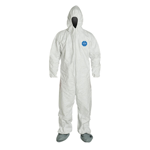 DuPont™ Tyvek® 400 Coveralls w/ Respirator Fit Hood, Elastic Wrists, & Attached Skid-Resistant Boots, Large, White, 25/Case