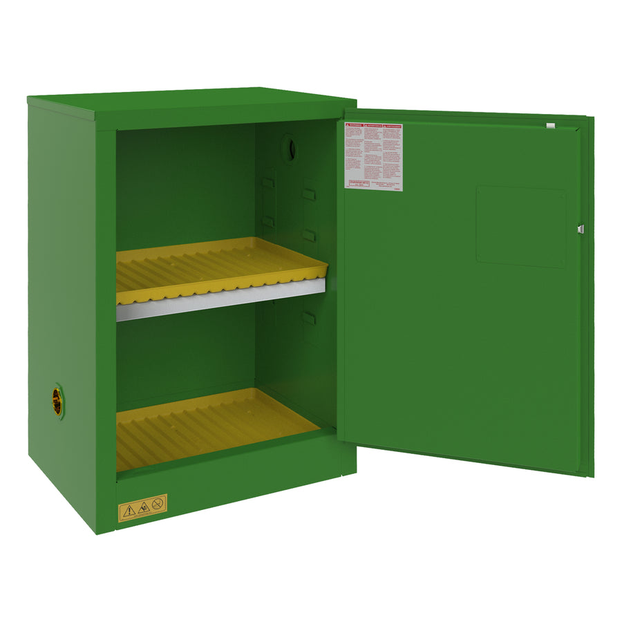 FM Approved, Pesticide Storage Cabinet, 12 Gallon, 1 Door, Manual Close, 1 Shelf, 2 Plastic Trays, Green