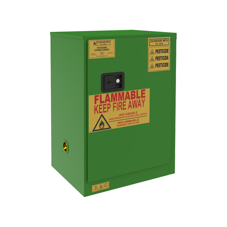 FM Approved, Pesticide Storage Cabinet, 12 Gallon, 1 Door, Manual Close, 1 Shelf, 2 Plastic Trays, Green