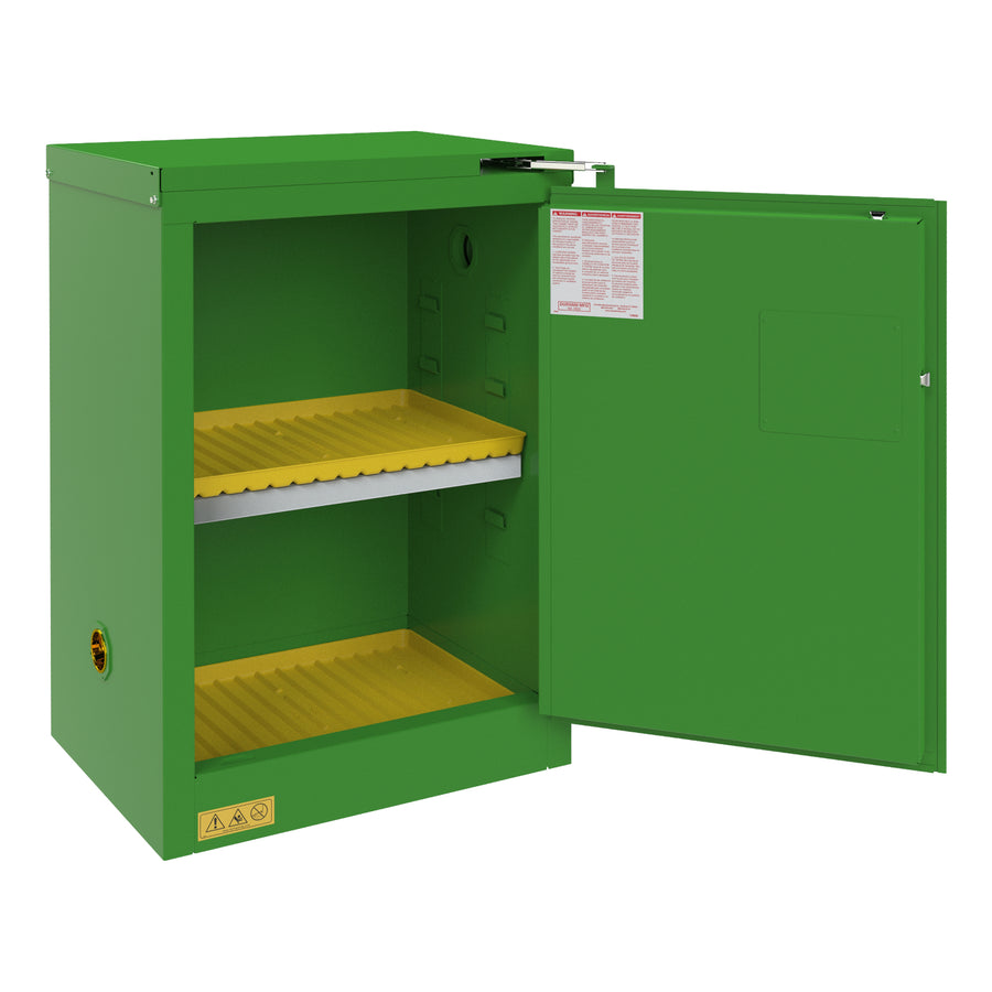 FM Approved, Pesticide Storage Cabinet, 12 Gallon, 1 Door, Self Close, 1 Shelf, 2 Plastic Trays, Green