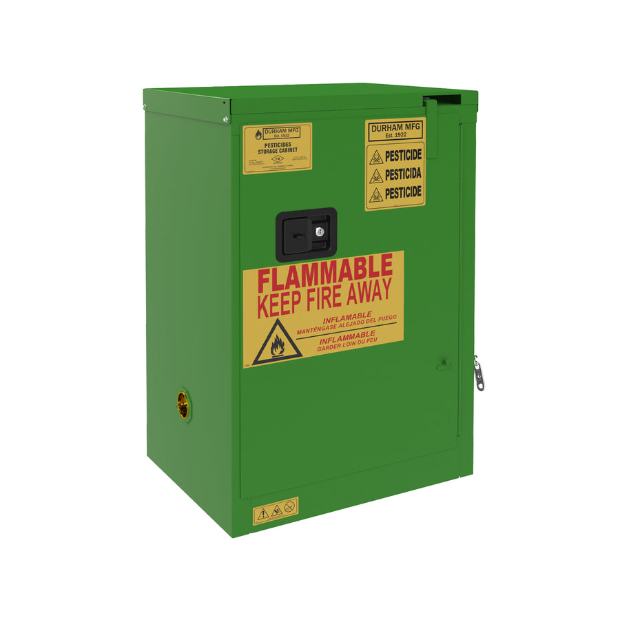FM Approved, Pesticide Storage Cabinet, 12 Gallon, 1 Door, Self Close, 1 Shelf, 2 Plastic Trays, Green