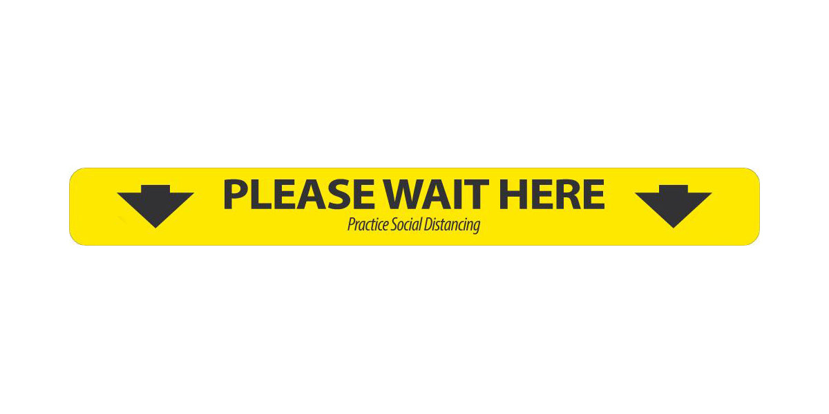 Social Distancing Floor Sign, Please Wait Here with Arrow, 2.25" x 20", 10/pk