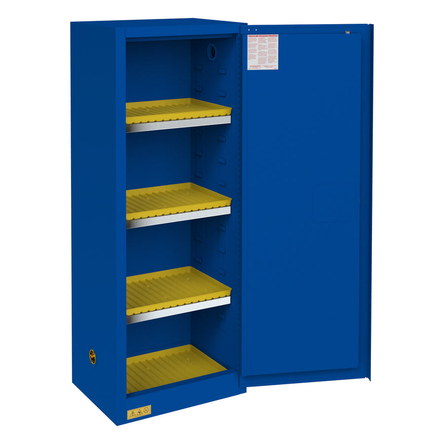 FM Approved, Corrosive Storage Cabinet, 24 Gallon, 1 Door, Manual Close, 3 Shelves, 4 Plastic Trays, Blue