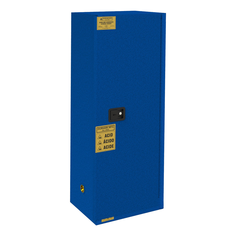 FM Approved, Corrosive Storage Cabinet, 24 Gallon, 1 Door, Manual Close, 3 Shelves, 4 Plastic Trays, Blue