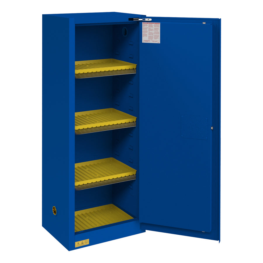 FM Approved, Corrosive Storage Cabinet, 24 Gallon, 1 Door, Self Close, 3 Shelves, 4 Plastic Trays, Blue