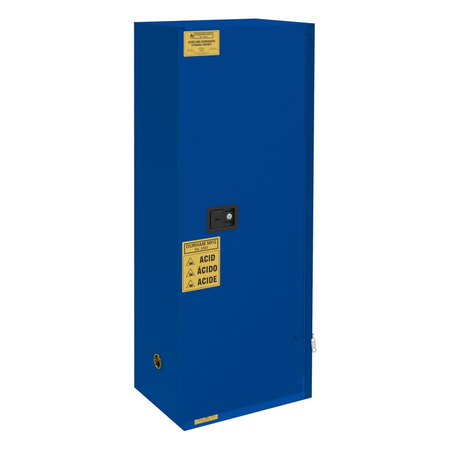 FM Approved, Corrosive Storage Cabinet, 24 Gallon, 1 Door, Self Close, 3 Shelves, 4 Plastic Trays, Blue