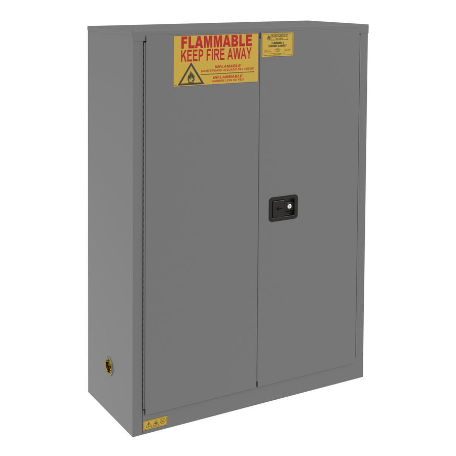 FM Approved, Flammable Storage Cabinet, 45 Gallon, 2 Doors, Manual Close, 2 Shelves, Gray