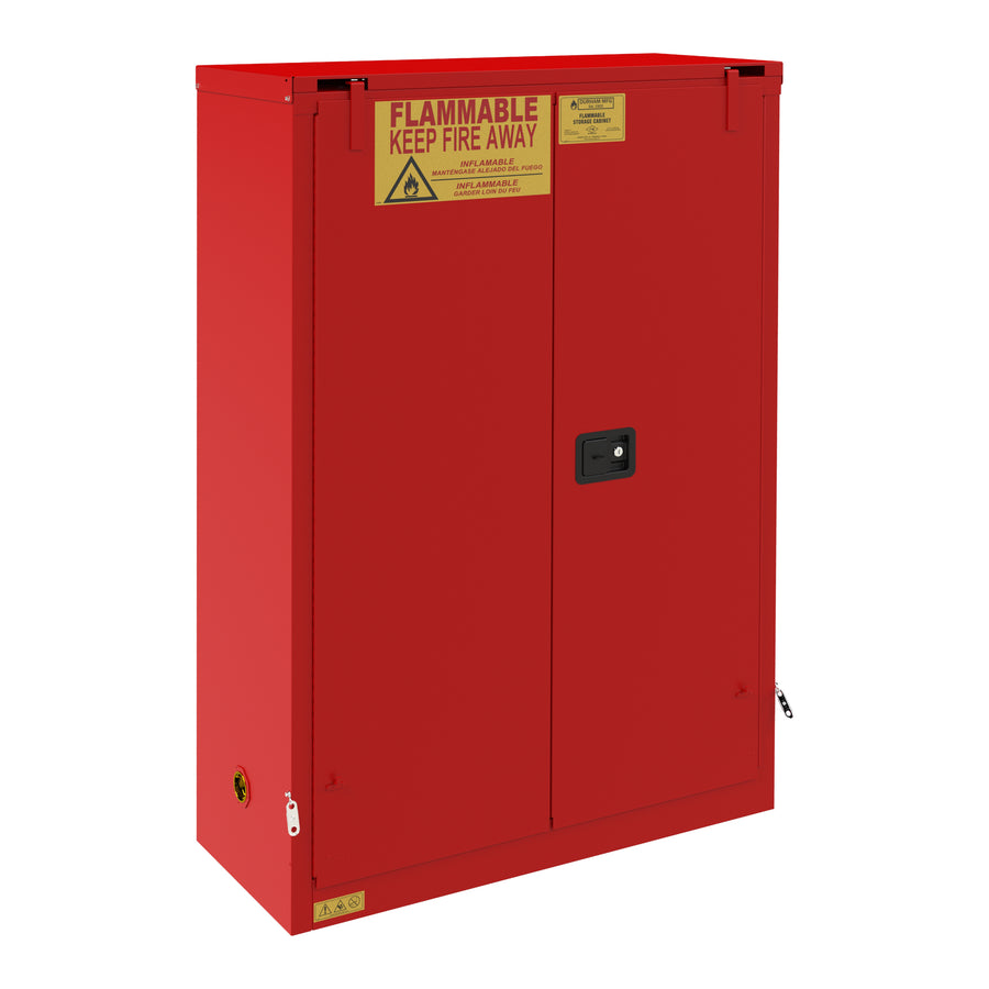 FM Approved, Flammable Storage Cabinet, 45 Gallon, 2 Doors, Self Close, 2 Shelves, Red
