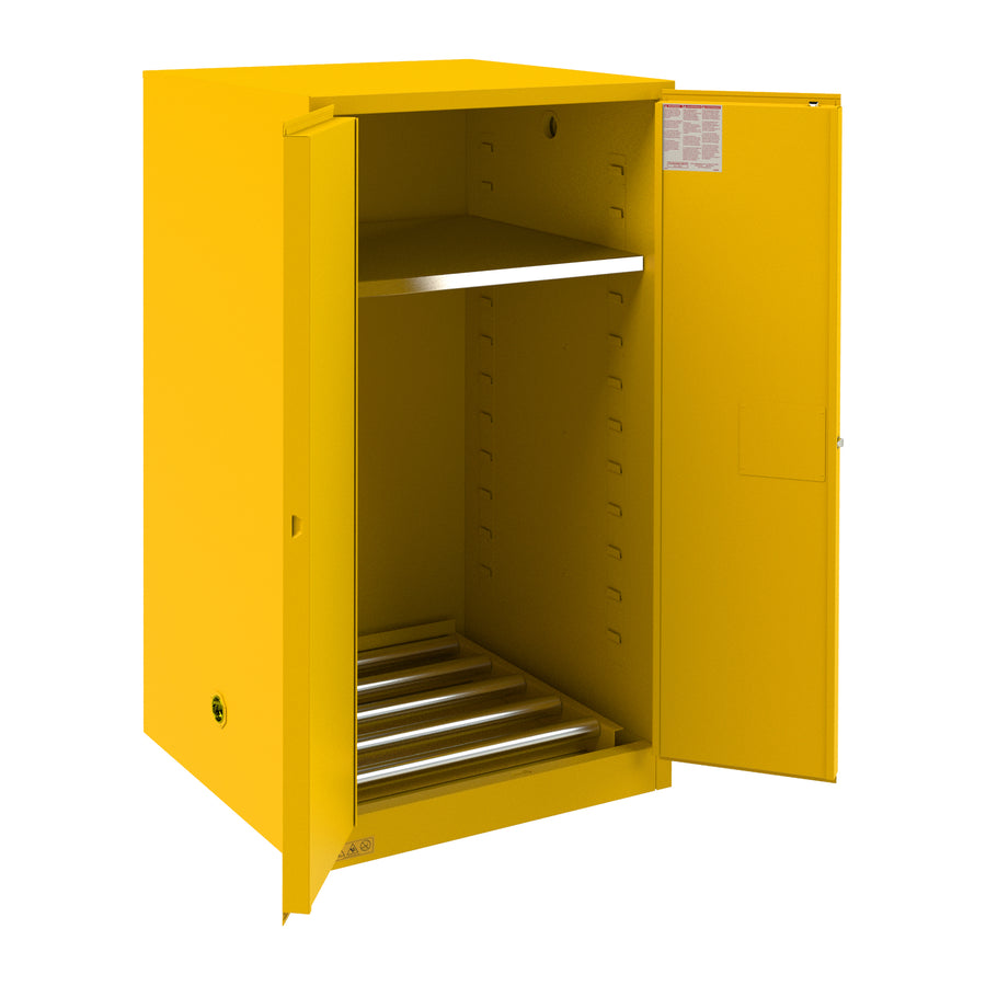 FM Approved, Hazardous Flammable Storage Cabinet, 55 Gallon Drum, 2 Doors, Manual Close, 1 Shelf, Safety Yellow