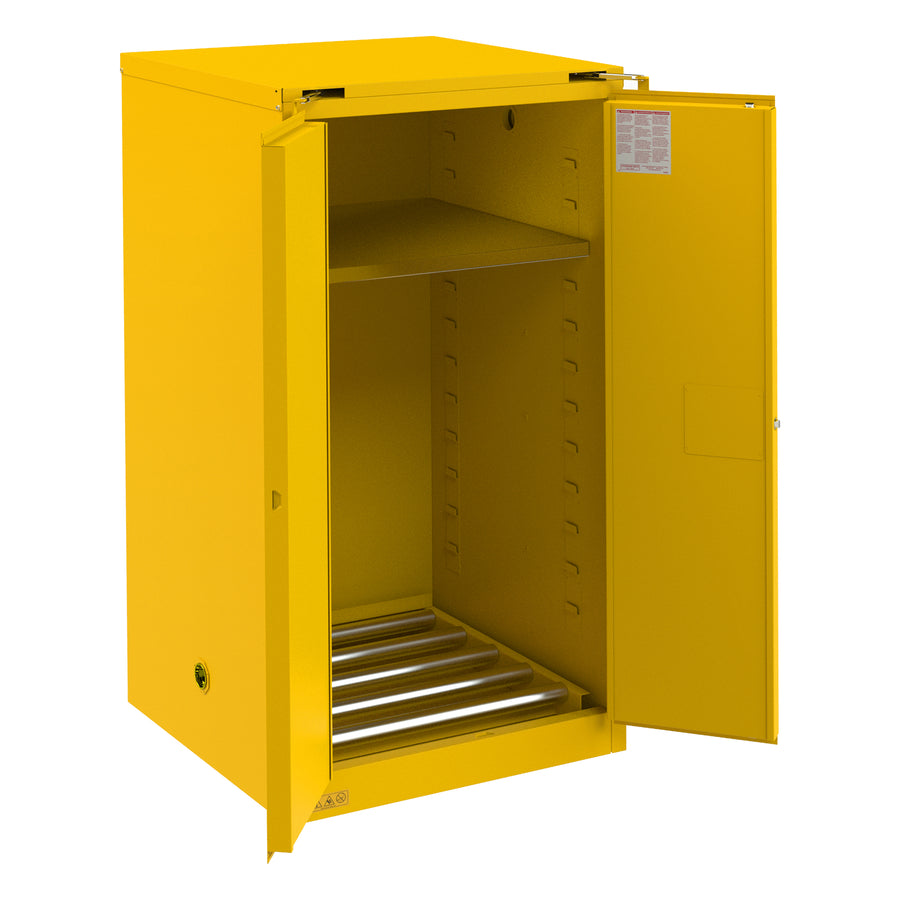 FM Approved, Hazardous Flammable Storage Cabinet, 55 Gallon Drum Storage, 2 Doors, Self Close, 1 Shelf, Safety Yellow
