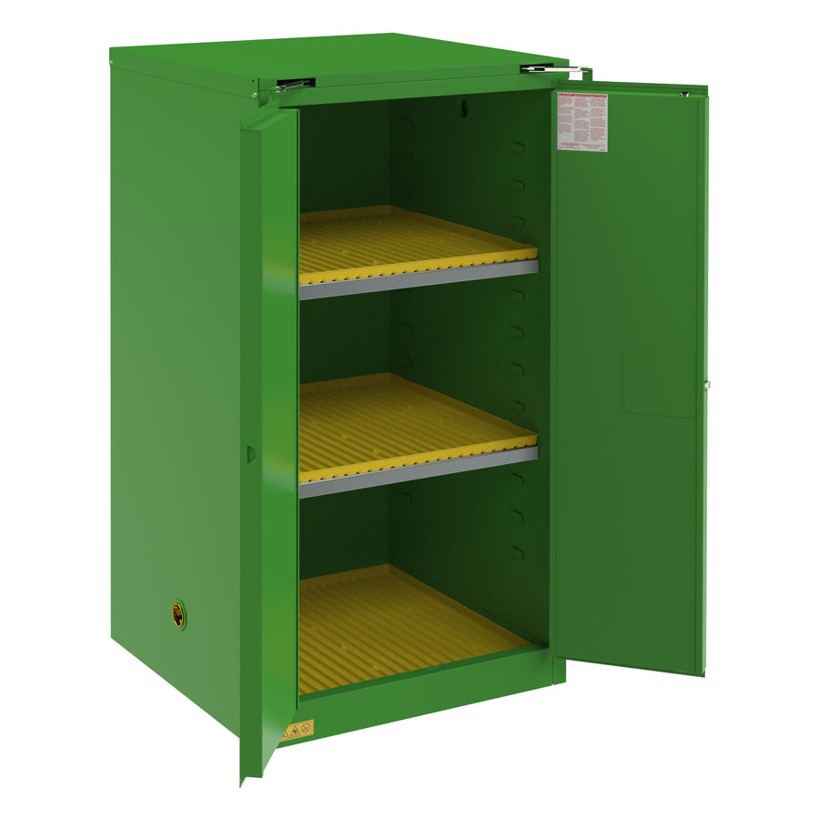 FM Approved, Pesticide Storage Cabinet, 60 Gallon, 2 Doors, Self Close, 2 Shelves, 3 Plastic Trays, Green