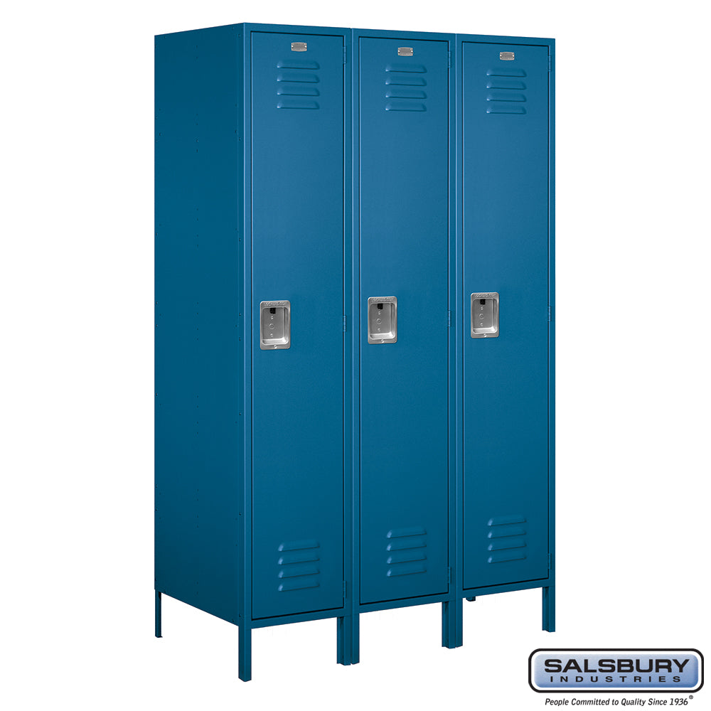 18" Wide Single Tier Standard Metal Locker - 3 Wide - 6 Feet High - 21 Inches Deep - Blue - Assembled